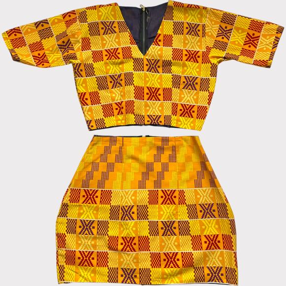 Mimmy Yeboah Two Piece Skirt Set V Neck Kente Print Yellow Size Medium - Picture 1 of 9
